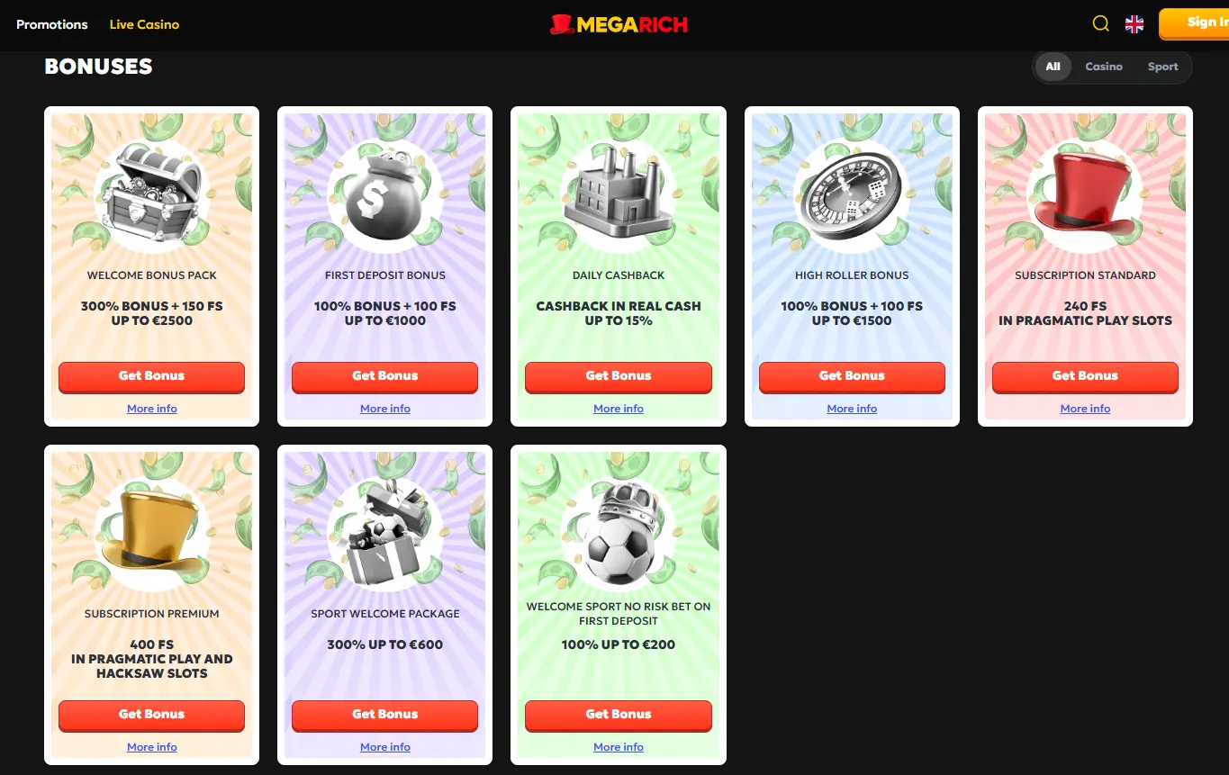 Μπόνους Megarich Casino