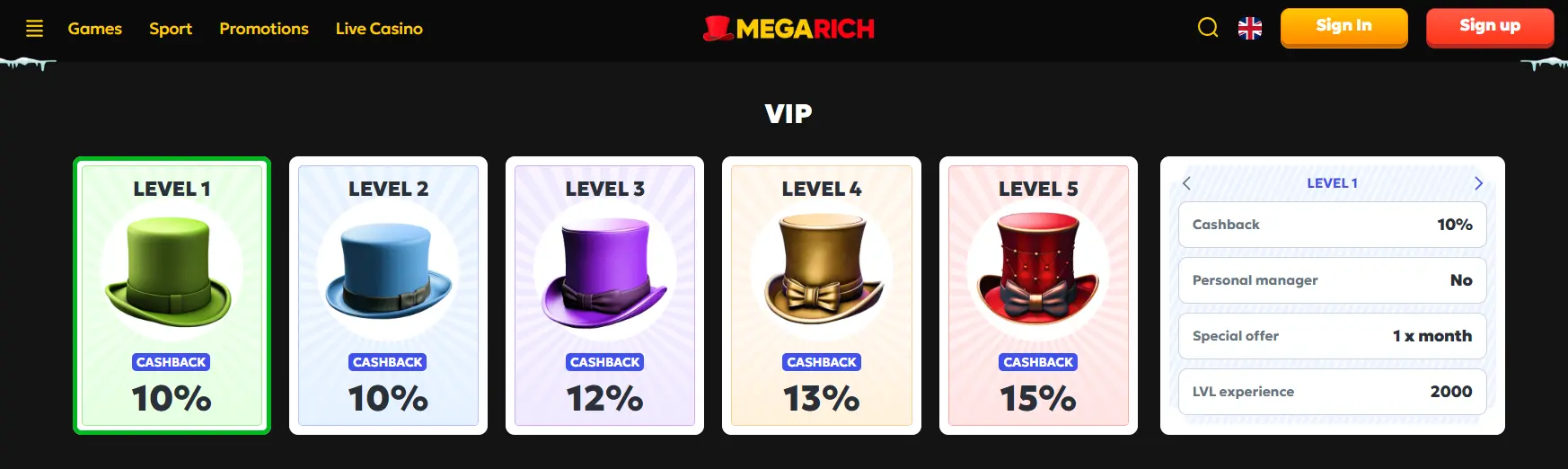 Criar uma conta no Megarich Casino