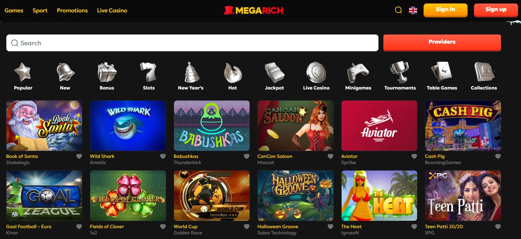 Slots populares do Megarich Casino